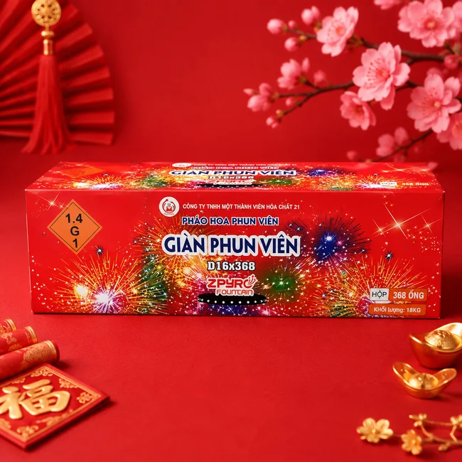 Bao bì sản phẩm pháo hoa Giàn Phun Viên D16x368 Z121 (Loại 368 ống) chính hãng Z121 Bộ Quốc Phòng hợp pháp.